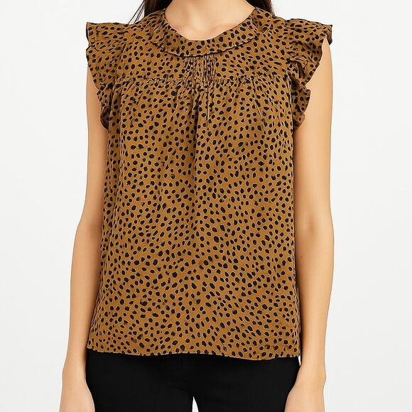 J. Crew Flutter Sleeve Cotton Silk Voile Top Leopard Dot Brown Ruffle Neck Small - Picture 1 of 8